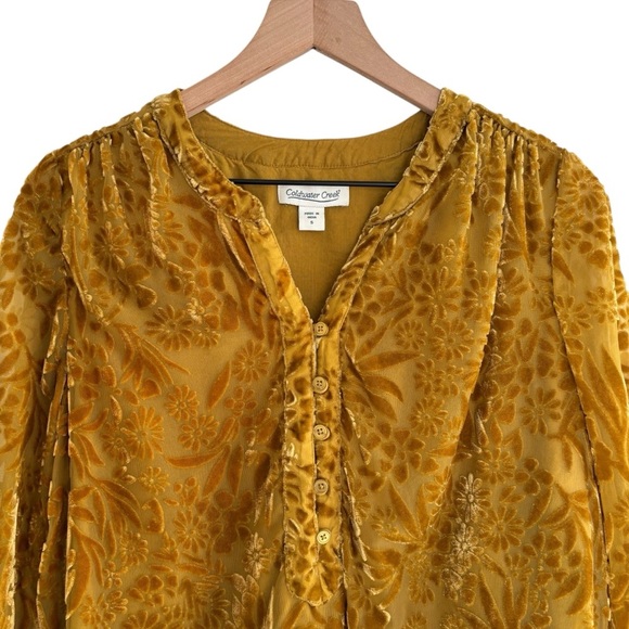 Coldwater Creek Mustard Yellow Velvet Burnout Blouse Size Small Floral Boho - Picture 2 of 16